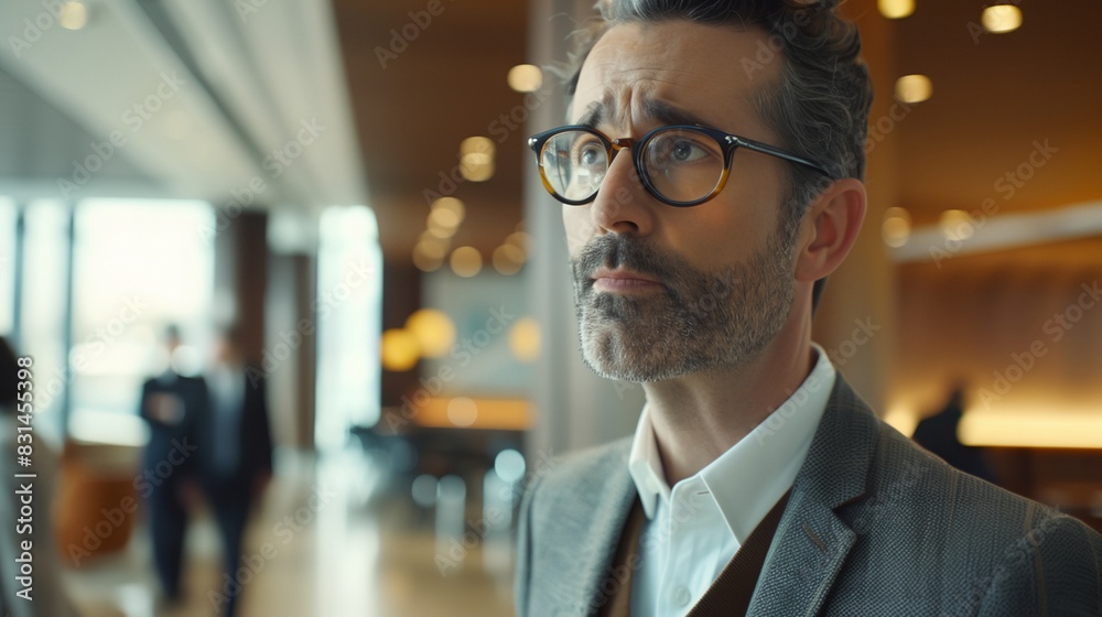 a man with glasses and a suit jacket looking off into the distance a man with glasses and a suit jacket looking off into the distance