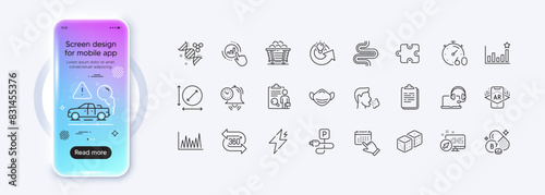 Timer, Inspect and Event click line icons for web app. Phone mockup gradient screen. Pack of Biotin vitamin, Medical mask, Efficacy pictogram icons. Time management, Exhaust, Web system signs. Vector