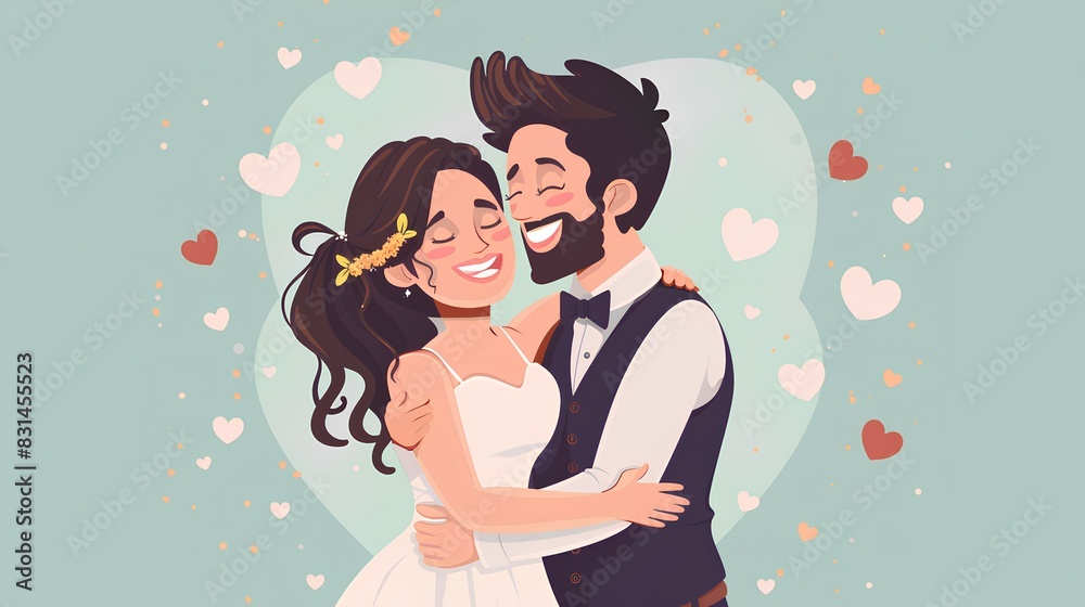 vector illustration of a happy bride and groom hugging, with a wedding concept background featuring hearts. cartoon character vector illustration design for a greeting card, poster, banner, flyer vector illustration of a happy bride and groom hugging, with a wedding concept background featuring hearts. cartoon character vector illustration design for a greeting card, poster, banner, flyer