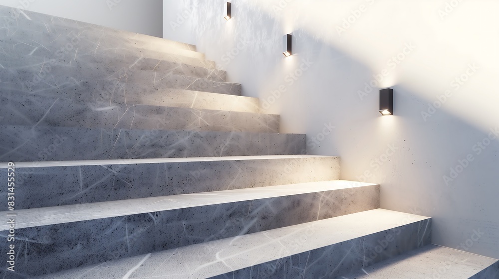 A minimalist staircase with a clean, linear design and a series of recessed, wall-mounted lights A minimalist staircase with a clean, linear design and a series of recessed, wall-mounted lights