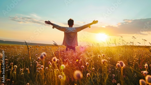 a man standing in a field with his arms outstretched in the air with the sun setting behind him