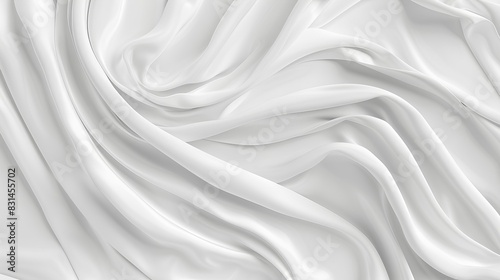 White silk fabric with waves of liquid flowing down, shown from above. A light, shadowy white background. An abstract white cloth texture for design, covering or banners.  photo