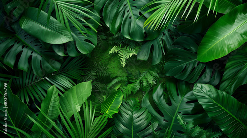 A detailed view of lush green leaves and palm fronds. top view with a focus on the rich  dark tones of the tropical foliage  embodying a natural  moody aesthetic. Wallpaper