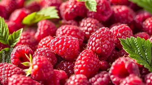 A closeup of fresh raspberries, their vibrant red hues and juicy texture highlighted in the foreground. The background is blurred to emphasize the central focus on the berries.