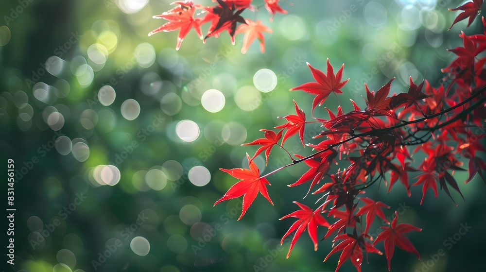 Beautiful red maple leaves on a green background with bokeh lights. Autumn season, Japanese nature concept in the style of nature. Beautiful red maple leaves on a green background with bokeh lights. Autumn season, Japanese nature concept in the style of nature.