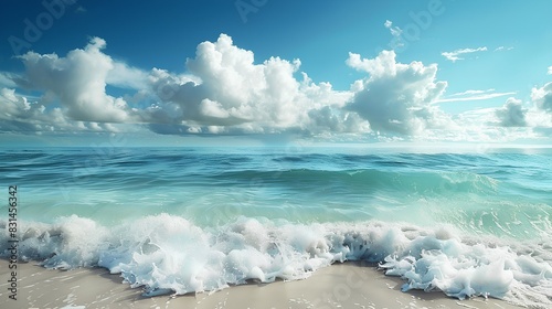 Beautiful beach with blue sky and white clouds  with waves crashing on the shore. The sea is calm with gentle ripples in its surface  creating an idyllic scene of tranquility and beauty. 