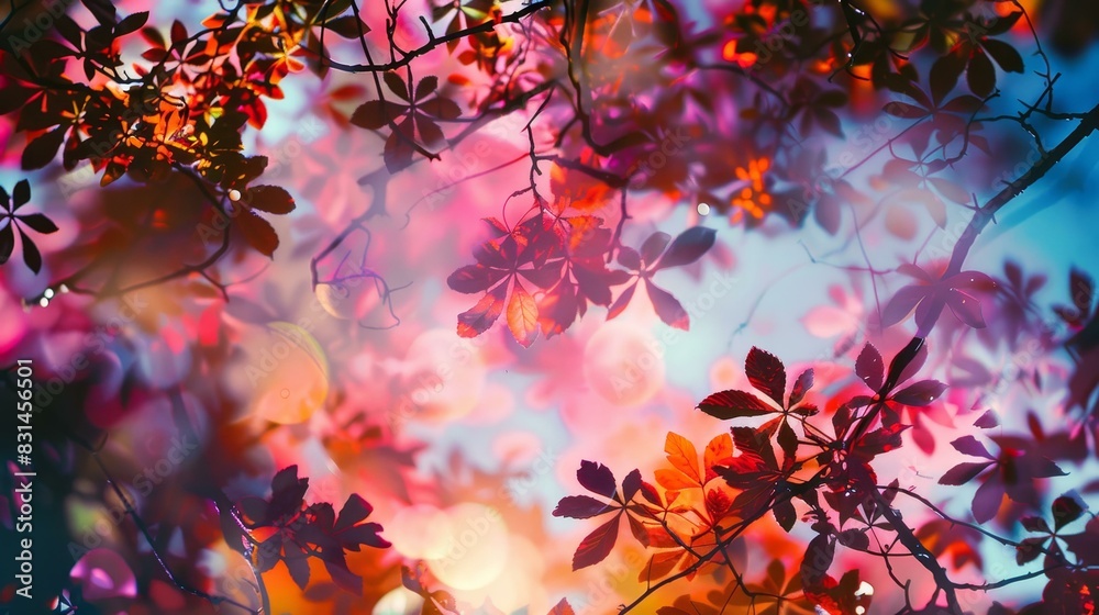 Vibrant autumn leaves close-up, double exposure nature silhouette, ample copy space.