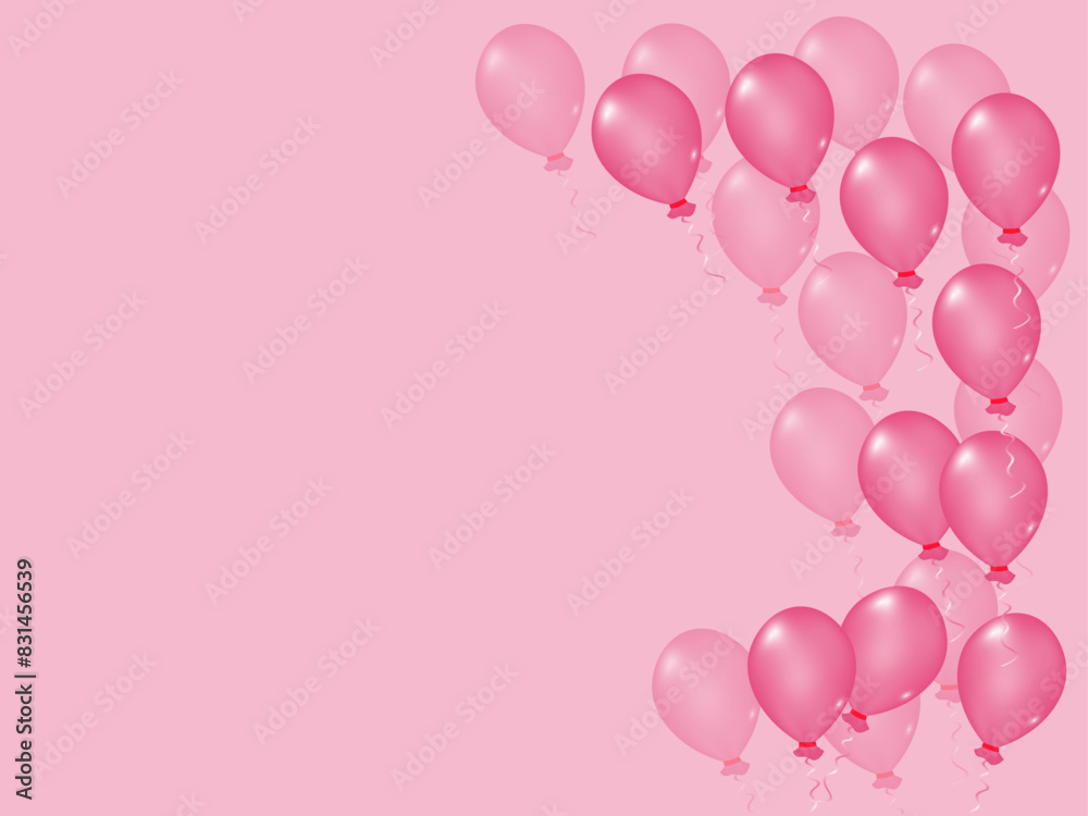 Pink  elegant, aesthetic, stylish backgrounds with balloons and ribbons. Holiday decoration.  Beautiful banner with balloons for Birthday and celebration.