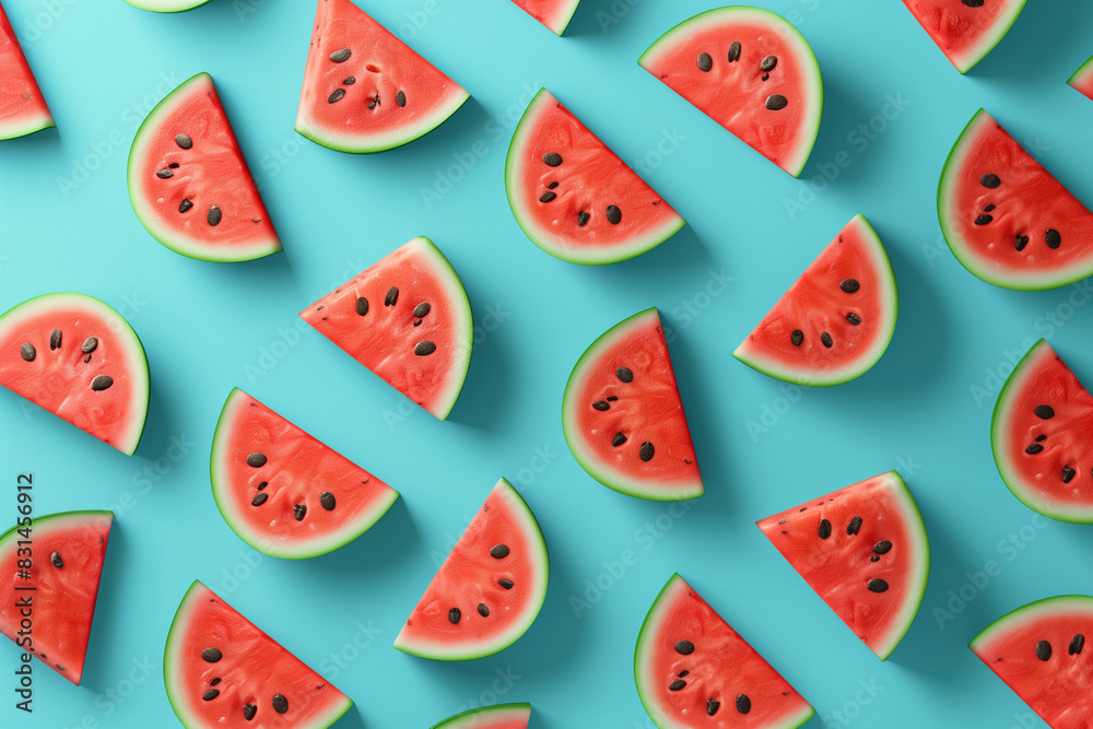 watermelon pattern on blue background, isometric view, 3d rendering style, minimalism, simple shapes, colorful, red and green colors, pastel color palette, bright lighting, playful design elements, se watermelon pattern on blue background, isometric view, 3d rendering style, minimalism, simple shapes, colorful, red and green colors, pastel color palette, bright lighting, playful design elements, se