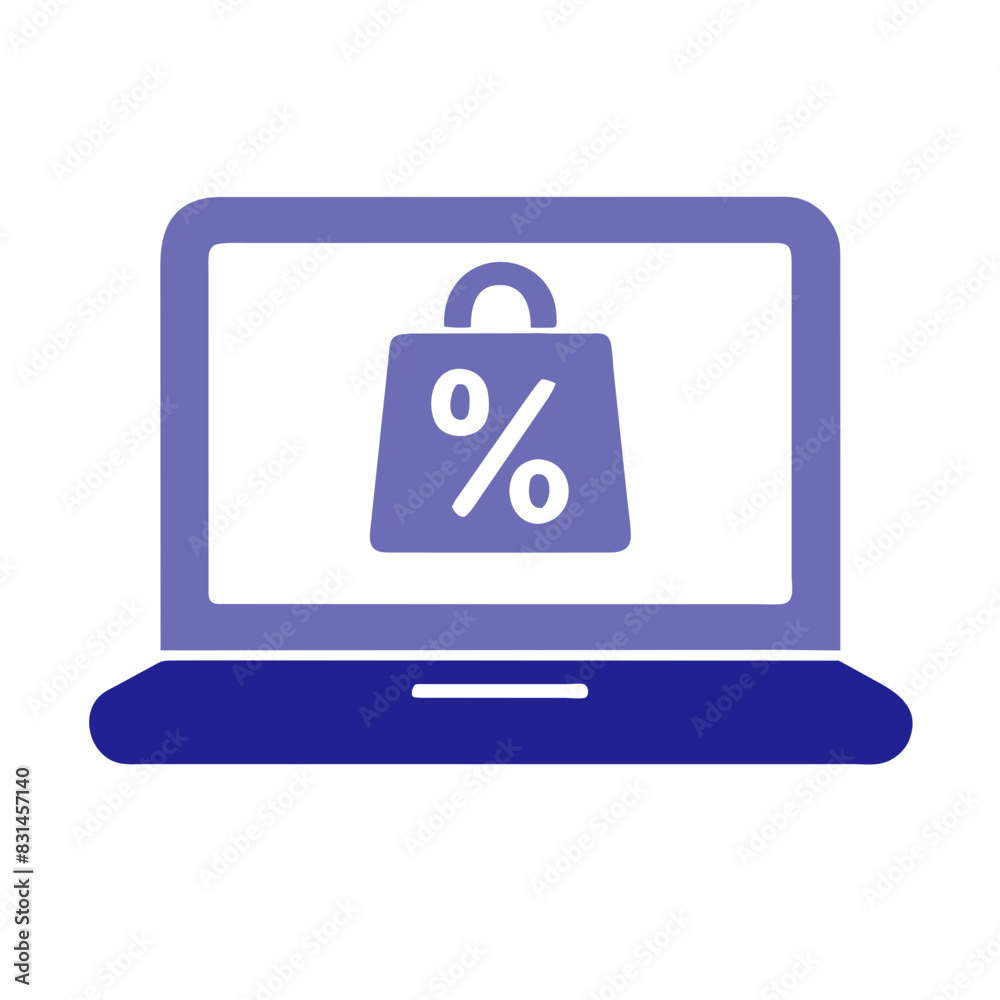 Vector illustration of a laptop displaying a sale banner with a shopping bag and discount symbol Vector illustration of a laptop displaying a sale banner with a shopping bag and discount symbol