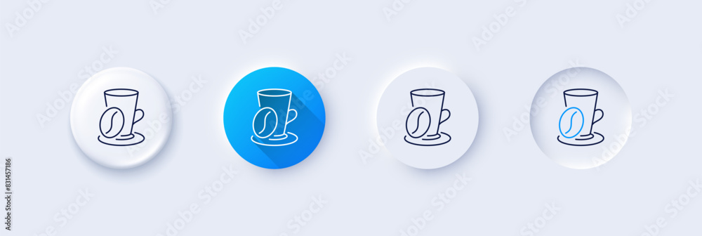 Coffee cup with bean line icon. Neumorphic, Blue gradient, 3d pin buttons. Hot latte sign. Tea drink mug symbol. Line icons. Neumorphic buttons with outline signs. Vector Coffee cup with bean line icon. Neumorphic, Blue gradient, 3d pin buttons. Hot latte sign. Tea drink mug symbol. Line icons. Neumorphic buttons with outline signs. Vector