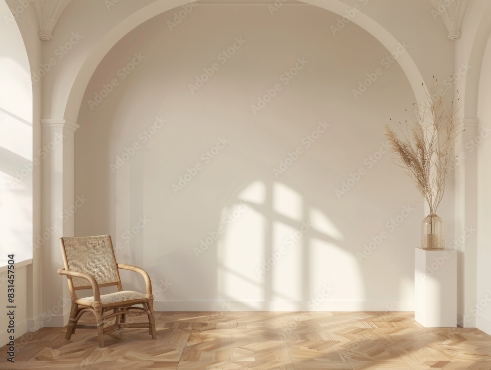 A white room with a chair and a vase. The room is empty and has a minimalist feel A white room with a chair and a vase. The room is empty and has a minimalist feel