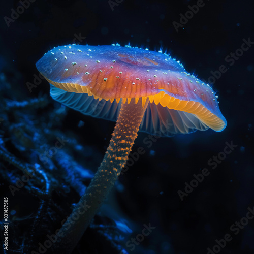 A large, glowing mushroom is floating in the dark water