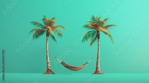 Two palm trees with hammock on turquoise background. Tropical relaxation and summer vacation concept.