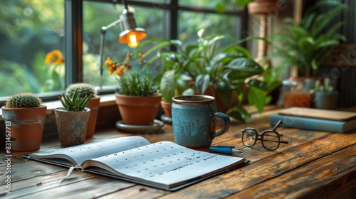 A cozy home workspace with a calendar, mug, glasses, and various potted plants creating a serene and productive environment.