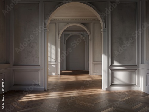 A large  empty room with a long archway and white walls. The room is very spacious and has a lot of natural light coming in through the windows. The atmosphere is calm and serene
