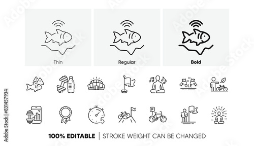 Ole chant, Timer and Fitness app line icons. Pack of Fish, Bicycle parking, Yoga icon. Flag, Dumbbell, Fishfinder pictogram. Mountain bike, Success, Leadership. Eco bike, Yoga music. Vector