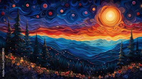 Paper quilling artwork showcasing a serene starry night, with intricate designs and a peaceful ambiance photo