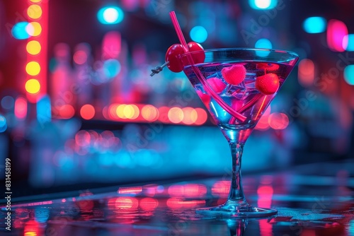 Classic cocktail with cherry garnish and glowing lights creating a sophisticated and glamorous bar scene