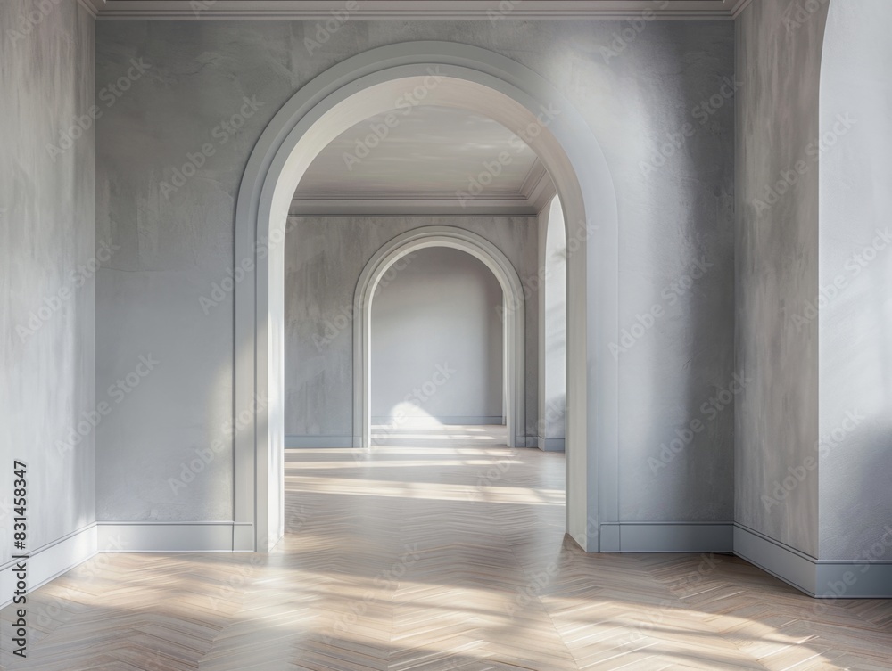 A large, empty room with a white archway in the middle. The room is very spacious and has a very clean and minimalist look A large, empty room with a white archway in the middle. The room is very spacious and has a very clean and minimalist look