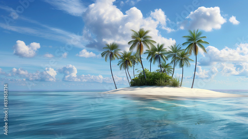 A small island with palm trees and a blue ocean