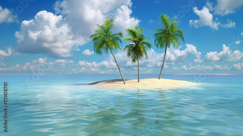 A small island with three palm trees in the foreground