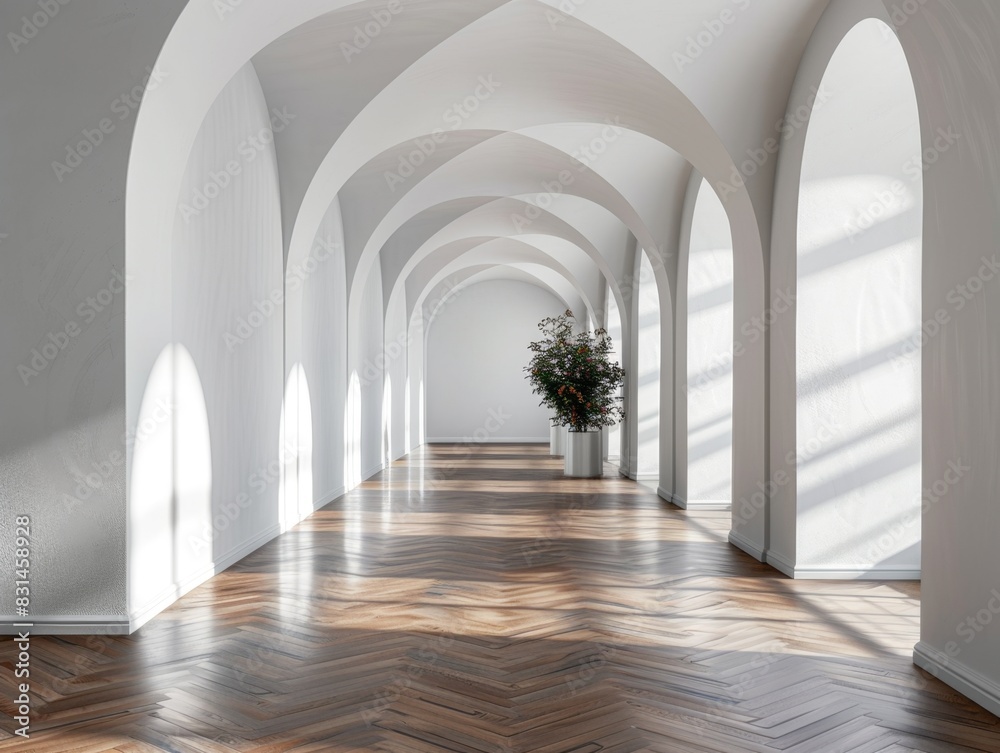 A long, narrow room with white walls and wooden floors. A potted plant is placed in the center of the room