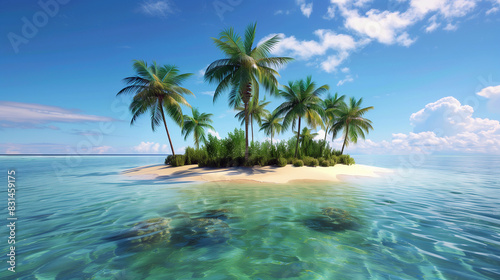 A small island with palm trees and a clear blue ocean