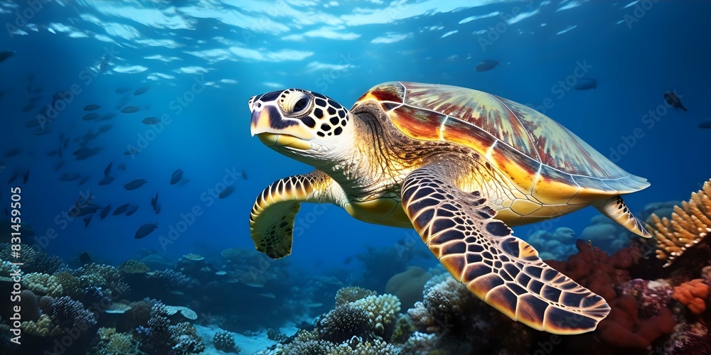 Hawksbill Turtle in Maldives: Swimming in the Indian Ocean Coral Reef. Concept Marine Wildlife, Underwater Photography, Ocean Conservation