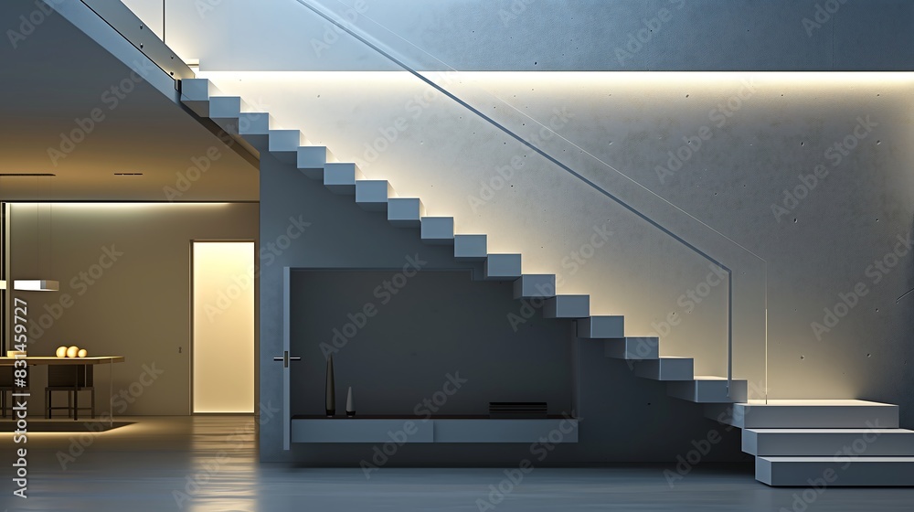 A modern staircase with a minimalist design and a hidden door under the stairs A modern staircase with a minimalist design and a hidden door under the stairs