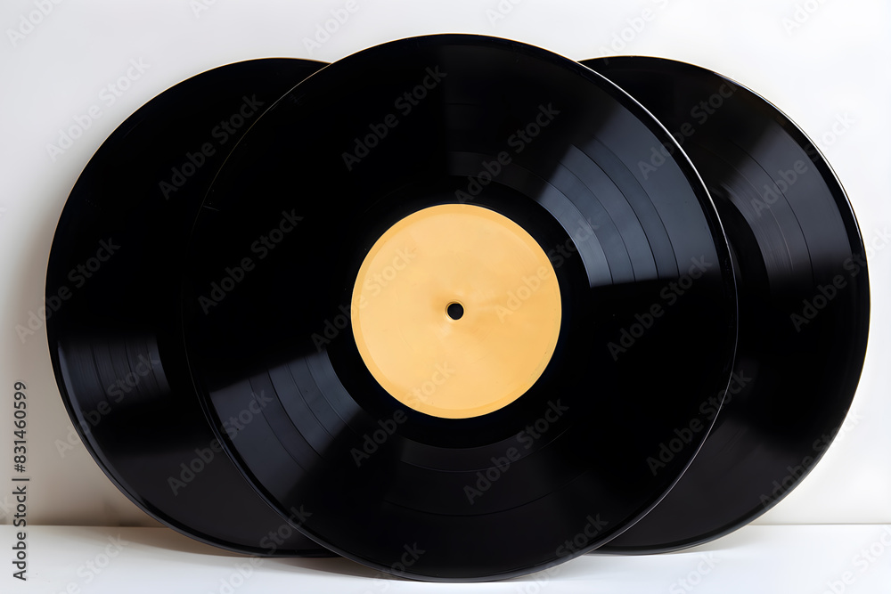 Obraz premium Retro black vinyl records trio with yellow label, on white background