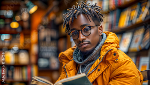 Man with dreadlocks reading book in front of bookshelf.