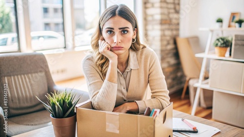 Young woman in office with box of items after job layoff photo