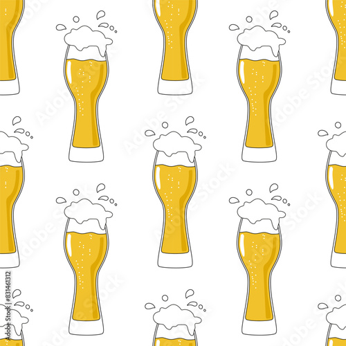 Beer mugs and bottles vector seamless pattern on a white background.