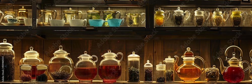 A crowded shelf overflows with an array of colorful bottles filled with various liquids, creating a vibrant and eclectic display. Generative AI A crowded shelf overflows with an array of colorful bottles filled with various liquids, creating a vibrant and eclectic display. Generative AI