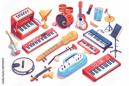 A delightful array of musical instruments arranged on a table, ready for the back-to-school talent show. photo