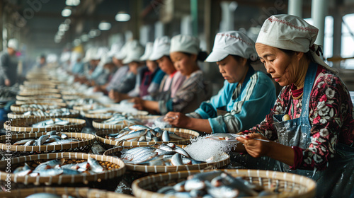 Women working or handling fish in a fish processing factory. Concept of women in the workforce, factory work, and food handling. photo