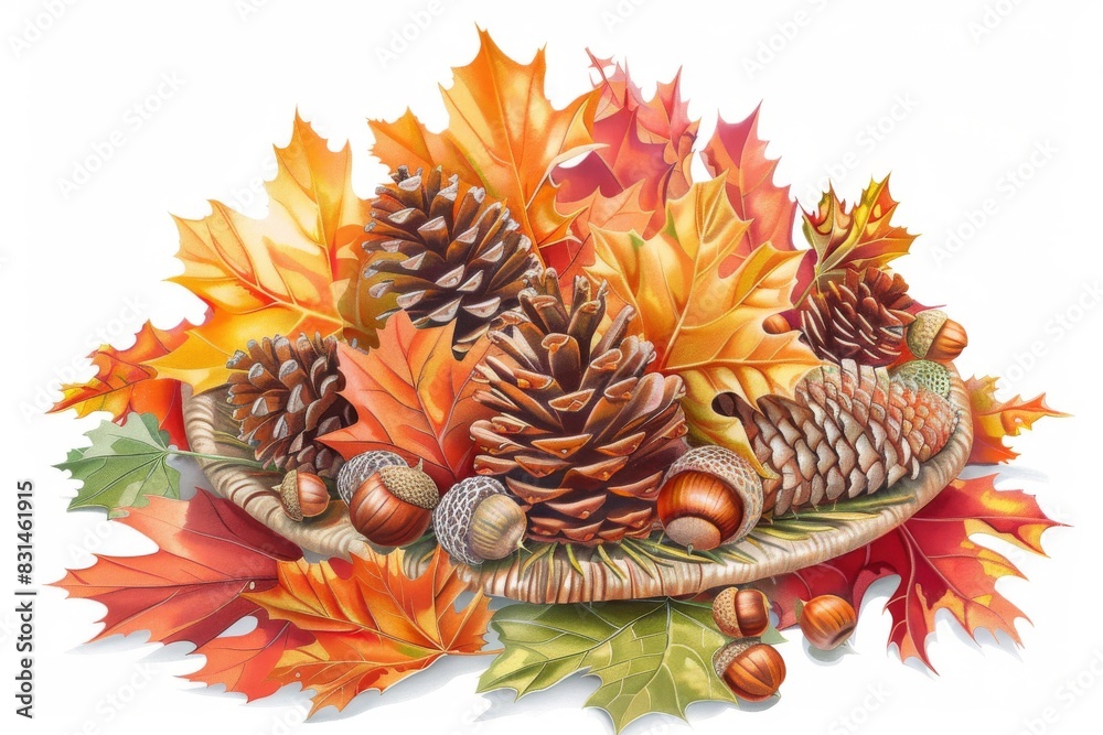 A charming centerpiece adorned with autumn leaves, pinecones, and acorns, creating a warm and inviting atmosphere for the Thanksgiving celebration.