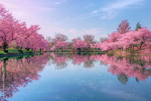 Immerse yourself in the serenity of a peaceful lake, where the vibrant cherry blossom trees gracefully mirror their beauty on the tranquil waters.