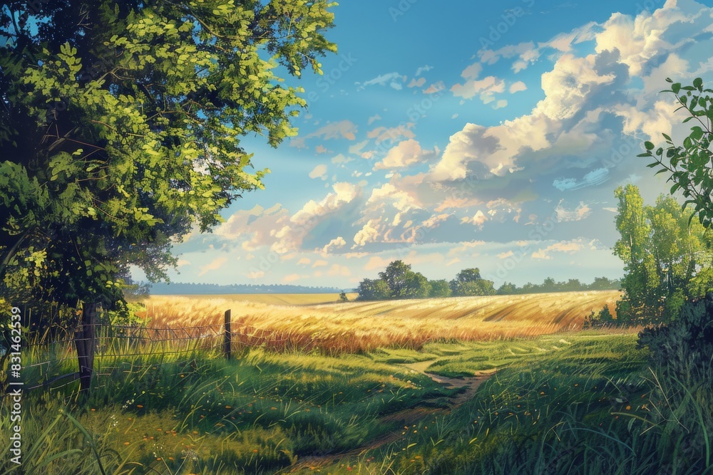 Immerse yourself in the serenity of this vibrant landscape painting that beautifully captures the essence of a peaceful countryside.