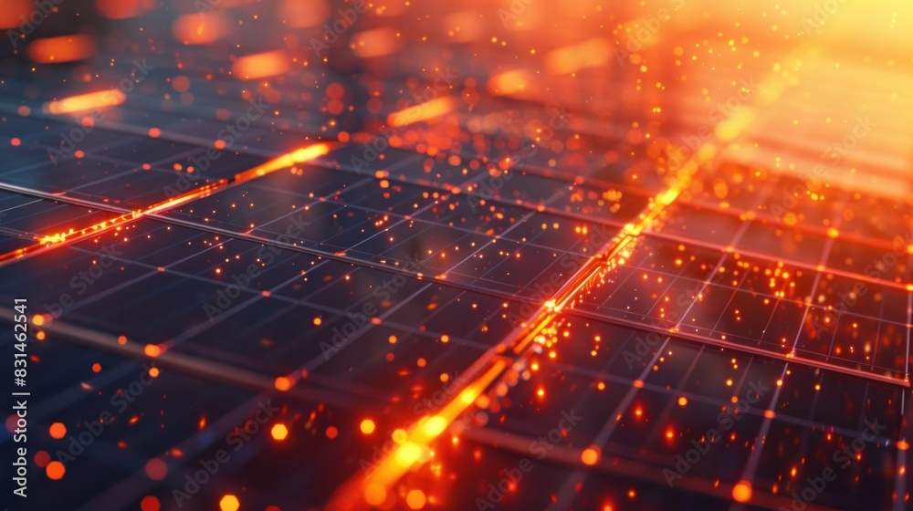 A close-up of solar cells absorbing sunlight, each photon igniting a chain reaction of electrons, silently powering the world one ray at a time. A close-up of solar cells absorbing sunlight, each photon igniting a chain reaction of electrons, silently powering the world one ray at a time.