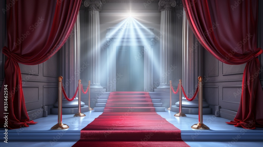 Luxurious vip entrance with red carpet, velvet ropes, red curtains, and spotlight Luxurious vip entrance with red carpet, velvet ropes, red curtains, and spotlight