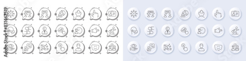 Smile face, Yoga and Health eye line icons. White pin 3d buttons, chat bubbles icons. Pack of Working hours, Difficult stress, Cursor icon. Headshot, Businessman run, Like pictogram. Vector
