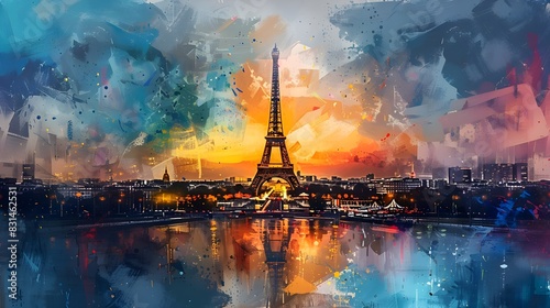 Vibrant sunset over Paris, highlighting the Eiffel Tower and reflecting on the Seine River.