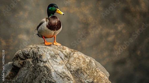 Duck Perched on Stone with Mouth Agape photo