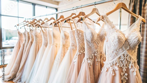 Closeup Wedding Dresses Hanging in Bridal Shop Boutique © Naeem