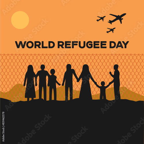 World Refugee Day. 20 June world refugee day social media post and gift card design. Editable EPS file with people, land and mountain silhouettes.