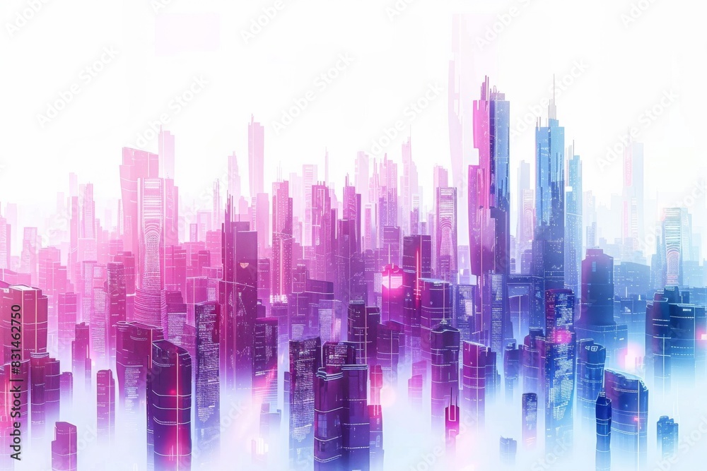 Experience the surreal beauty of a futuristic cityscape, with towering skyscrapers and mesmerizing neon lights, set against a clear white background. Experience the surreal beauty of a futuristic cityscape, with towering skyscrapers and mesmerizing neon lights, set against a clear white background.