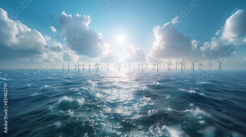 A panoramic view of a vast offshore wind farm, with rows of turbines stretching to the horizon, harnessing the relentless power of the ocean breeze.