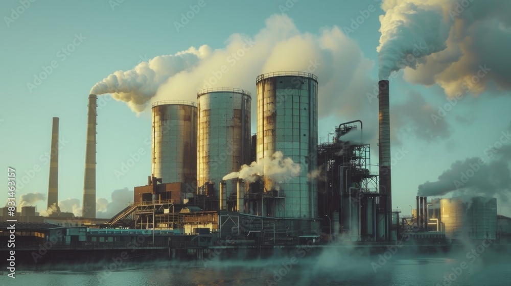 The rhythmic hum of a biomass power plant, its towering silos enveloped ...